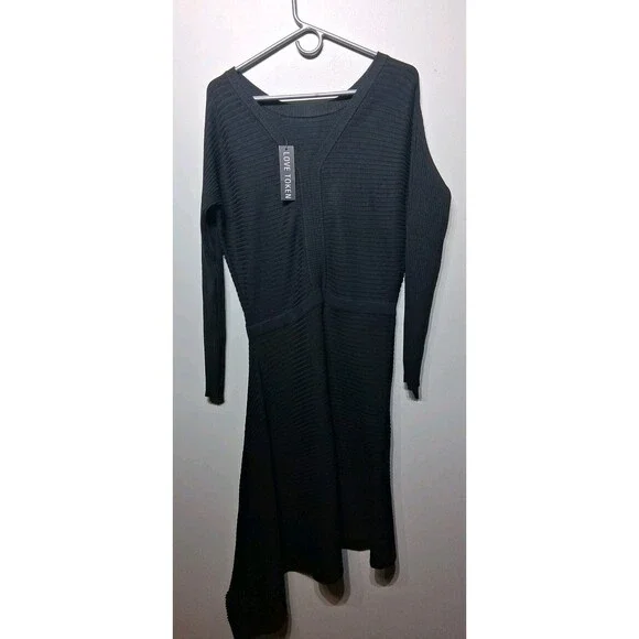 Love Token Black Asymmetrical Knit Sweater Dress Long Sleeve Size L/12 NWT - Picture 6 of 8
